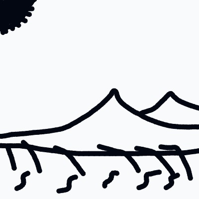 A black and white drawing of a mountain with a sun in the background.